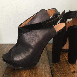 L.A.M.B Sling Black Peep Toe Platform Booties